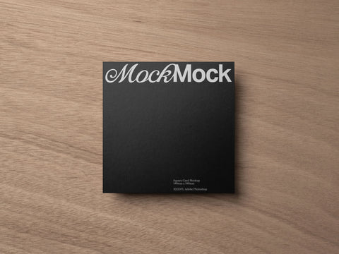 Square Business Card PSD Mockup Shot on a wood grain background 'House of Mockups'