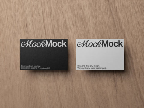 Business Card PSD Mockup shot on a wood grain background 'House of Mockups'